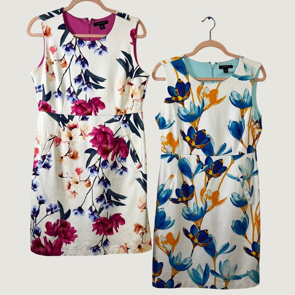 Lot Of 2 Lands End Colorful Floral Sheath Dresses 10P Sleeveless Ponte Knit